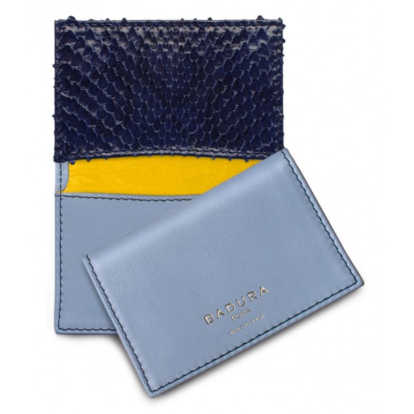 Aleksandra Badura - Small Leather Goods - Business Card Holder in Calfskin & Python - Indigo & Blue - Luxury High Quality