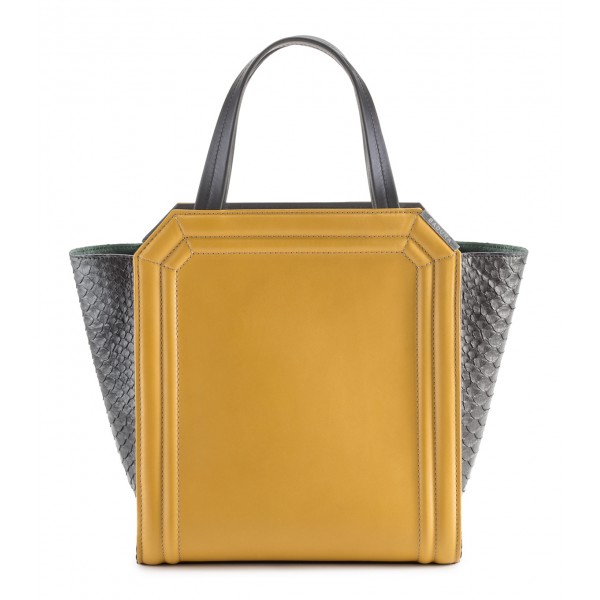 Aleksandra Badura - Clio Mini Bag - Calfskin & Python Shopper Bag - Mustard & Graphite - Luxury High Quality Leather Bag