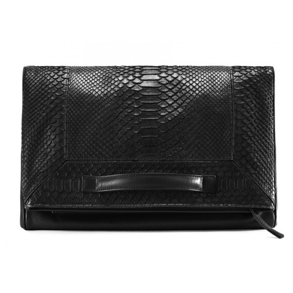 Aleksandra Badura - Privee Clutch - Calfskin & Python Envelope Clutch - Onyx - Luxury High Quality Leather Bag