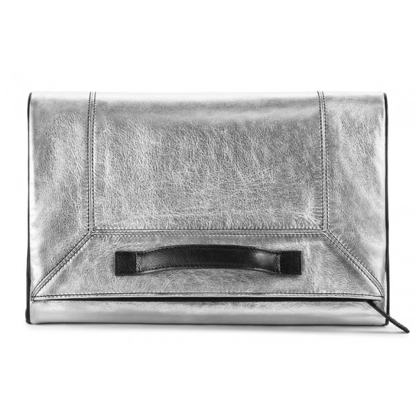 Aleksandra Badura - Privee Clutch - Goatskin Envelope Clutch - Silver & Onyx - Luxury High Quality Leather Bag