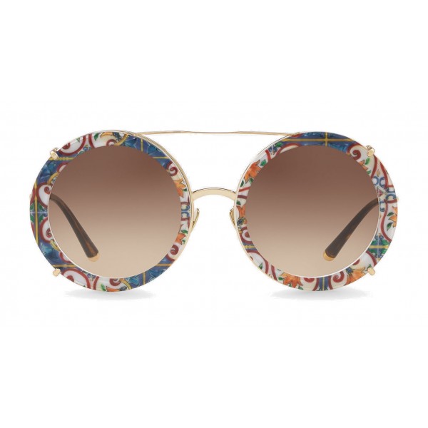 Dolce & Gabbana - Round Gold Metal Sunglasses with Clip On Majolica - Dolce & Gabbana Eyewear