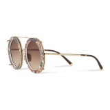 Dolce & Gabbana - Occhiale da Sole Rotondo in Metallo Dorato con Clip On Stampa Maiolica - Dolce & Gabbana Eyewear