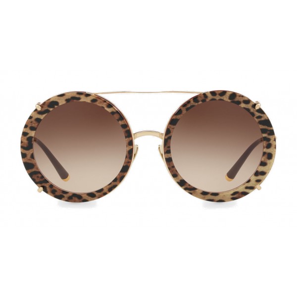 Dolce & Gabbana - Occhiale da Sole Rotondo in Metallo Dorato con Clip On Stampa Leo - Dolce & Gabbana Eyewear