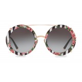 Dolce & Gabbana - Occhiale da Sole Rotondo in Metallo Dorato con Clip On Stampa Righe e Rose - Dolce & Gabbana Eyewear