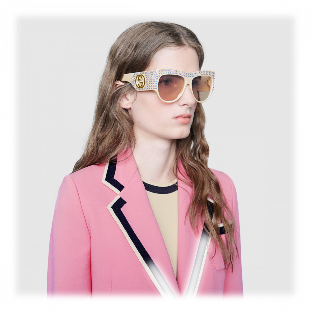 Gucci - Acetate Oversized Sunglasses with Crystals - White - Gucci ...