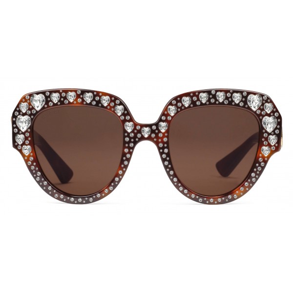 Gucci - Square Frame Acetate Sunglasses with Heart Crystalss -Tortoiseshell Acetate - Gucci Eyewear