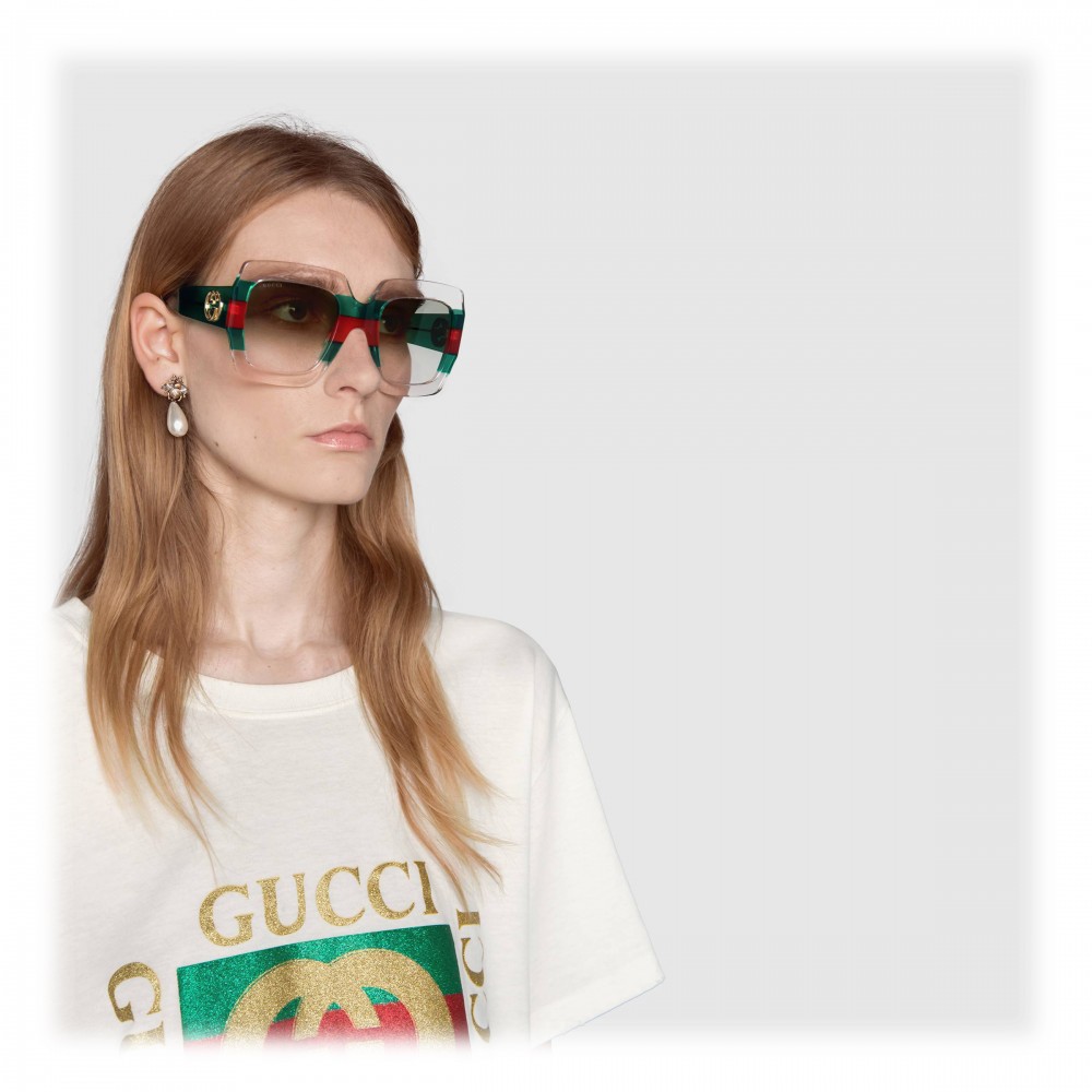 Velkommen Let at ske ufuldstændig Gucci - Square Acetate Sunglasses - Transparent Acetate with Green and Red  Web Detail - Gucci Eyewear - Avvenice