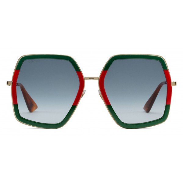 Gucci - Occhiali da Sole Quadrati Oversize in Metallo - Color Oro con Acetato Verde e Rosso Glitter - Gucci Eyewear