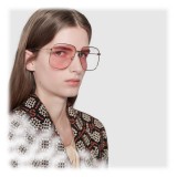 Gucci - Occhiali da Sole Rettangolari in Metallo - Color Oro Lenti Rosa - Gucci Eyewear