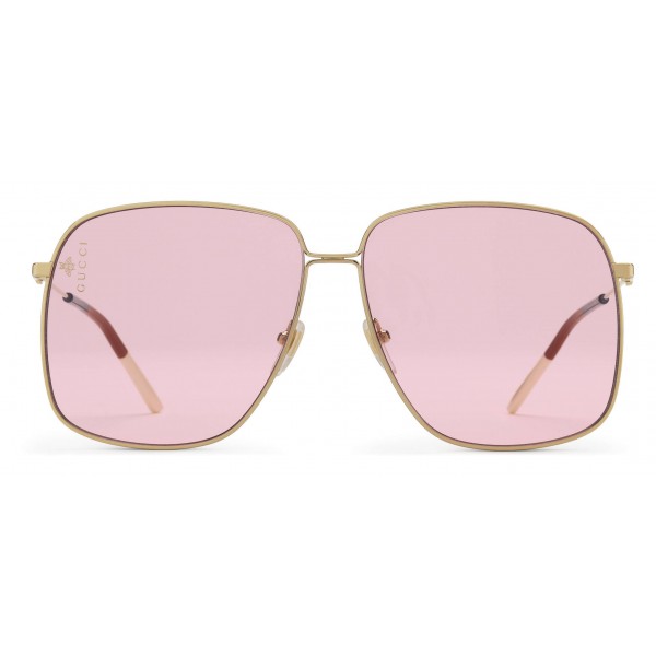 Gucci - Occhiali da Sole Rettangolari in Metallo - Color Oro Lenti Rosa - Gucci Eyewear