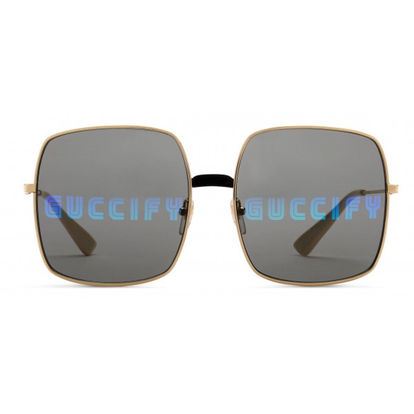 Gucci - Rectangular Metal Sunglasses - Shiny Gold Color with Black Detail on the Bridge - Gucci Eyewear