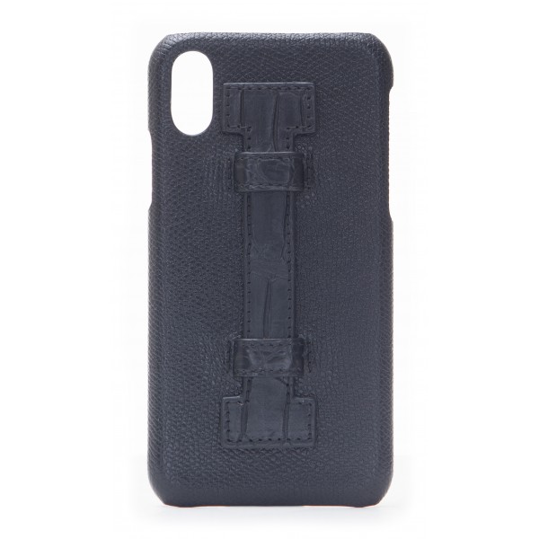 2 ME Style - Cover Fingers in Pelle Nera / Croco Nero - iPhone XR - Cover in Pelle di Coccodrillo