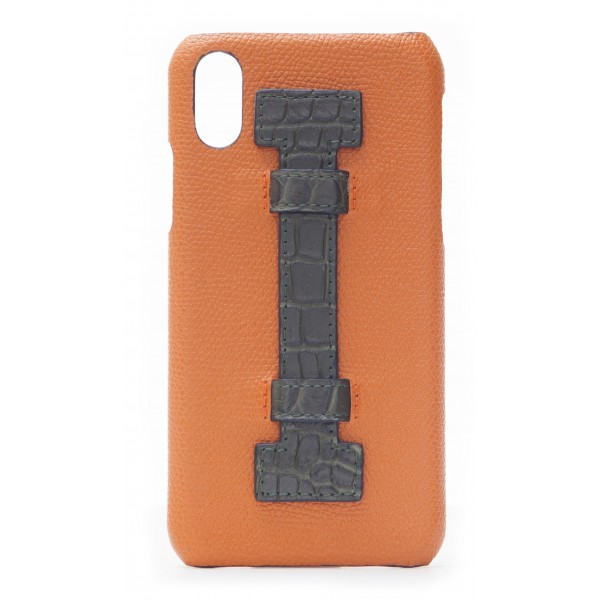 2 ME Style - Cover Fingers in Pelle Arancione / Croco Verde - iPhone XR - Cover in Pelle di Coccodrillo