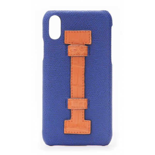 2 ME Style - Cover Fingers in Pelle Blu / Croco Arancione - iPhone XS Max - Cover in Pelle di Coccodrillo