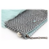 Laura B - Soft Mobile Bag - Lapin Bag with Net and Swarovski - Light Blue - Luxury High Quality Leather Bag