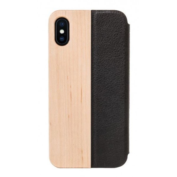 Woodcessories - Eco Wallet Flip Cover - Vero Legno e Pelle - Acero - iPhone X / XS - Eco Case - Flip Collection
