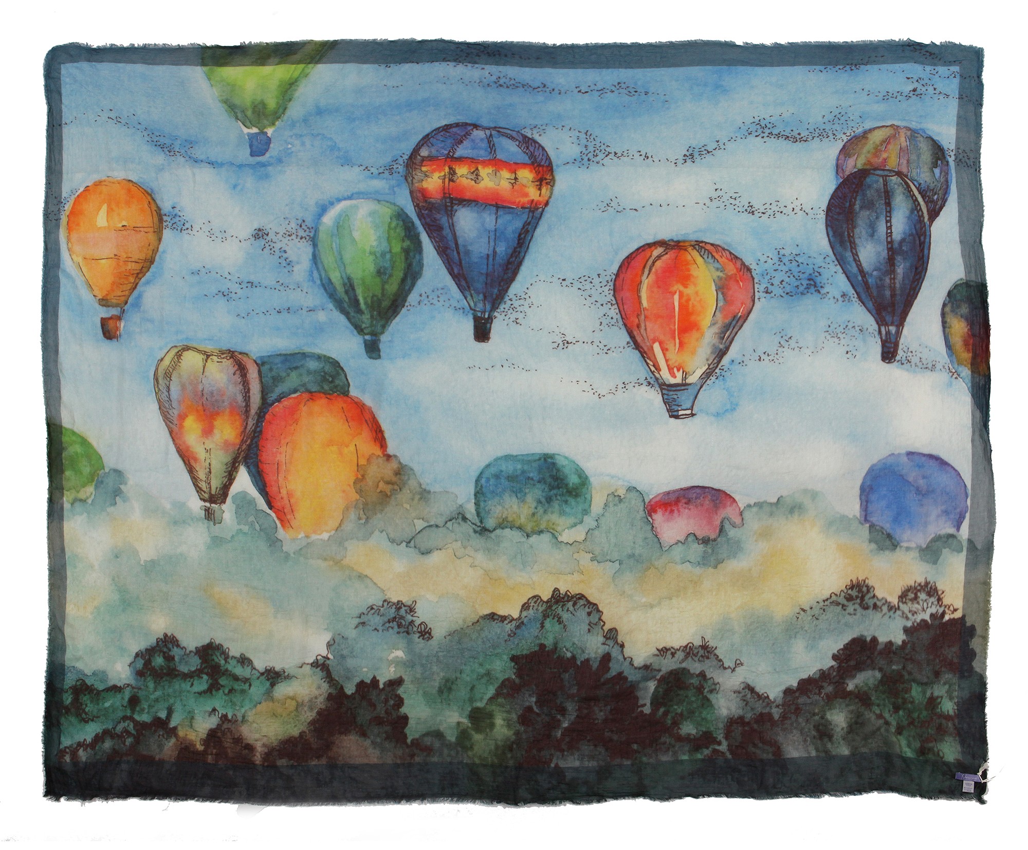 813 - Annalisa Giuntini - Silk Scarf with Hot Air Balloons Fly Over a Wood  - Scarves and Foulard - Scarf of High Quality Luxury - Avvenice