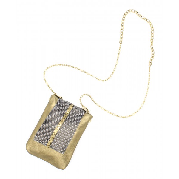 Laura B - New Basic Disco Bag - Leather and Mesh Bag - Gold - Strap Bag - Luxury High Quality Bag