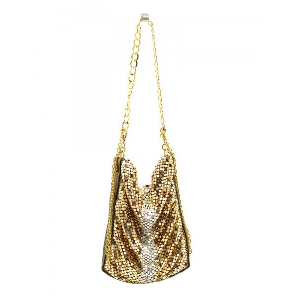 Laura B - Line Box Disco Bag - Leather and Mesh Bag - Gold - Strap Bag - Luxury High Quality Bag