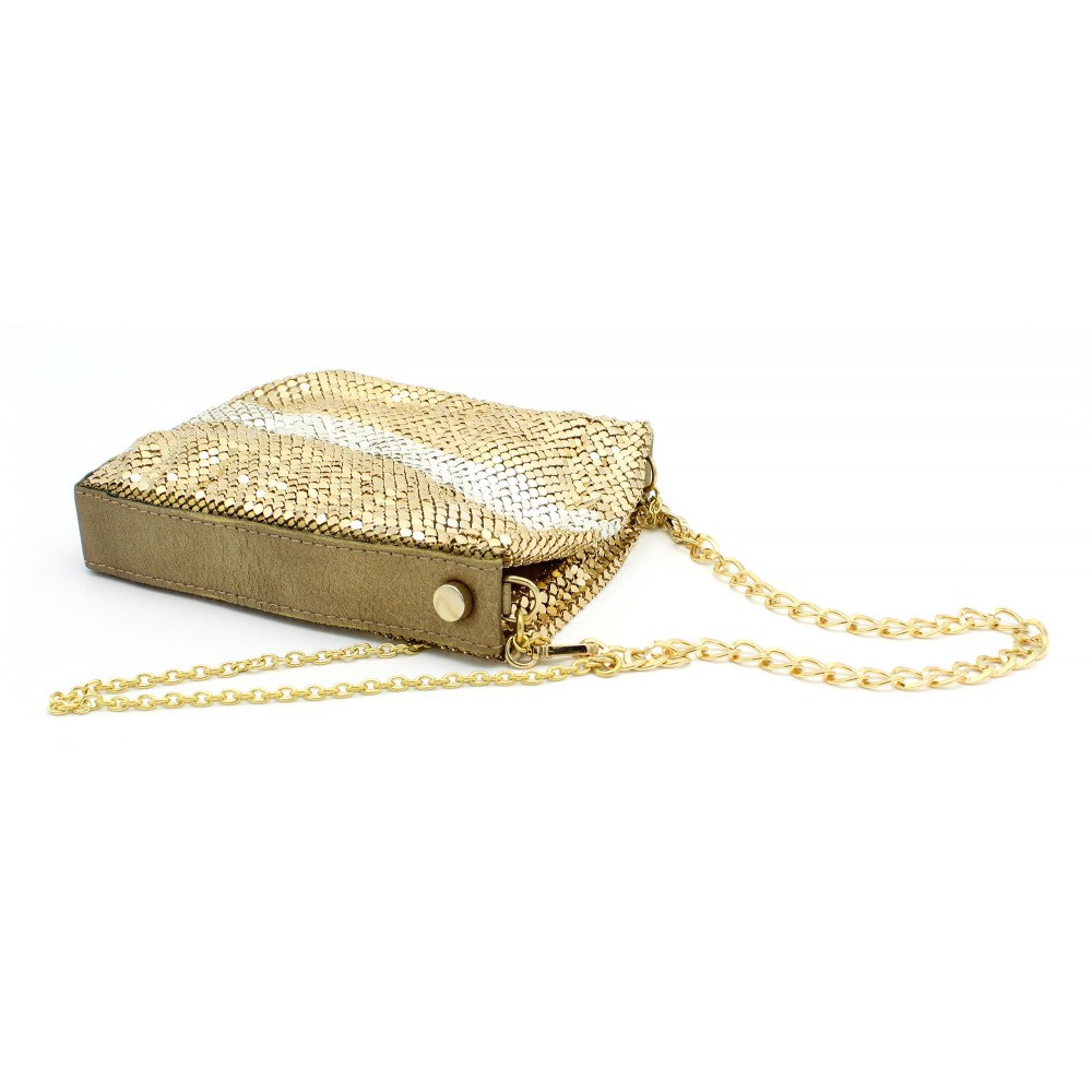 Laura B - Line Box Disco Bag - Leather and Mesh Bag - Gold - Strap Bag ...
