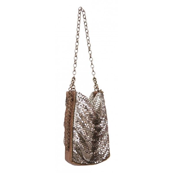 Laura B - Line Box Disco Bag - Leather and Mesh Bag - Bronze - Strap Bag - Luxury High Quality Bag