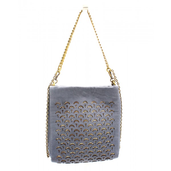 Laura B - Jaipur Disco Bag - Leather and Mesh Bag - Gray - Strap Bag - Luxury High Quality Bag