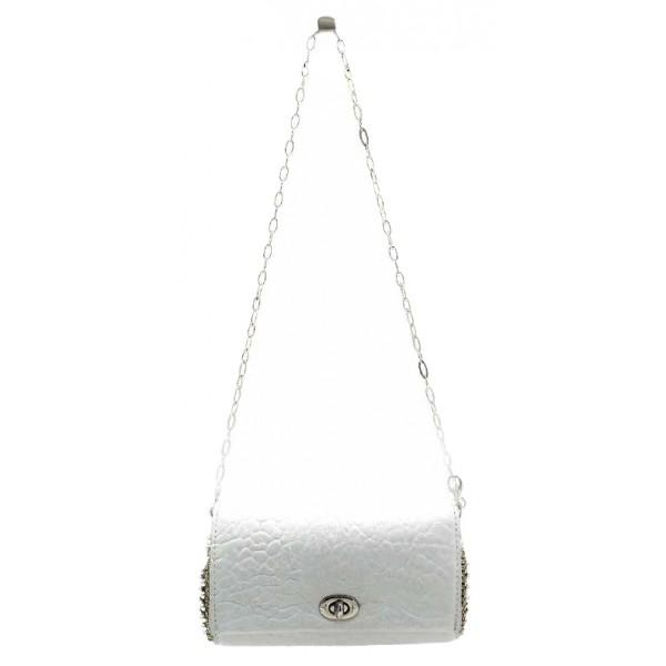 Laura B - Jaipur Clutch Bag - Leather and Mesh Bag - White - Belt Bag - Luxury High Quality Bag
