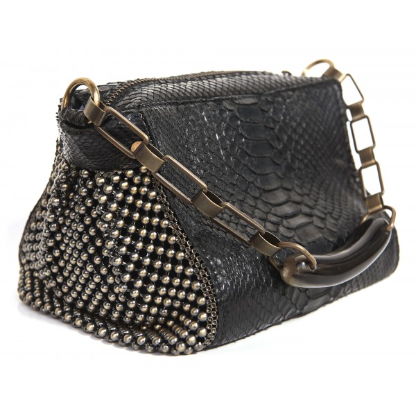 Laura B - Bauletto Bag - Leather and Mesh Bag - Python - Black Dorè - Strap Bag - Luxury High Quality Bag