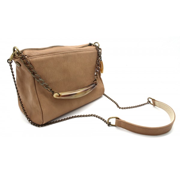 Laura B - Bauletto Leather - Leather and Mesh Bag - Beige - Strap Bag - Luxury High Quality Bag