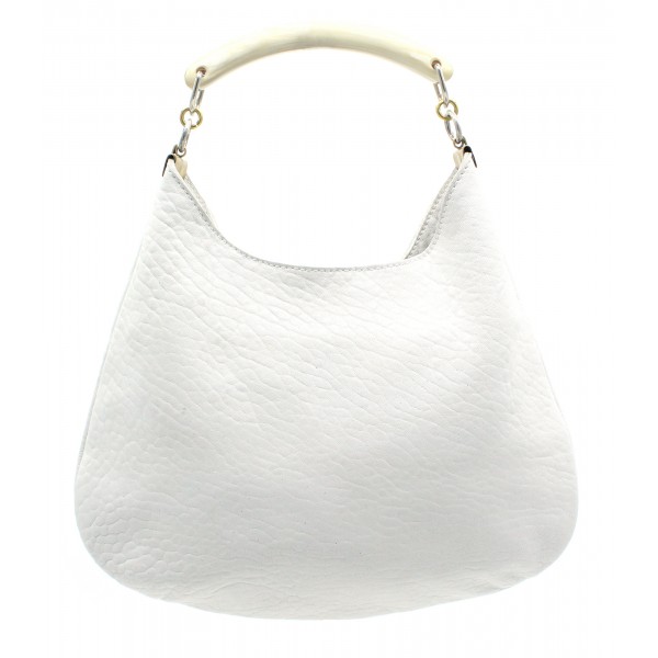 Laura B - Moon Horn Handbag - Leather and Mesh Bag - White - Strap Bag - Luxury High Quality Bag