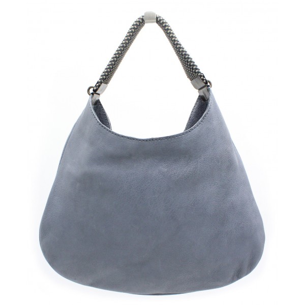 Laura B - Moon Handbag - Leather and Mesh Bag - Lamb - Grey - Strap Bag - Luxury High Quality Bag