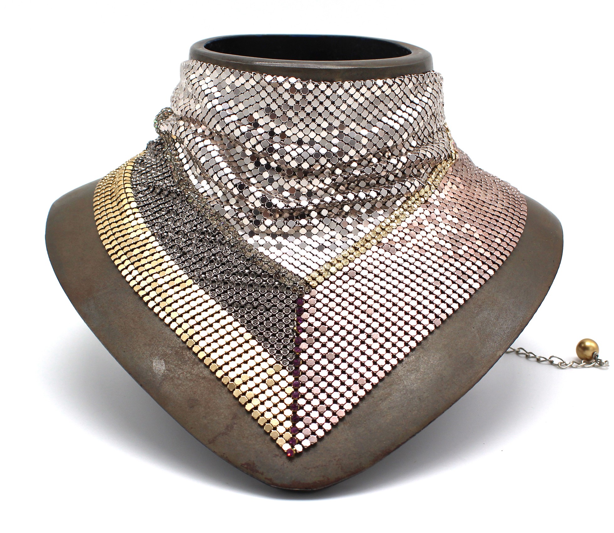 Shiny Fabric Chain Necklace with Large Shamballa Bead Rose Gold Decorative Tube
