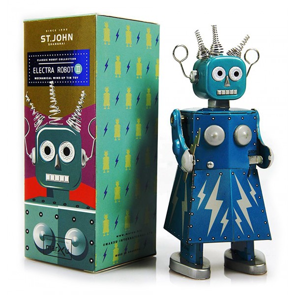 Saint John - Electra Robot - Collectible Retro Wind Up Tin Toy - Blue - Tin Toys