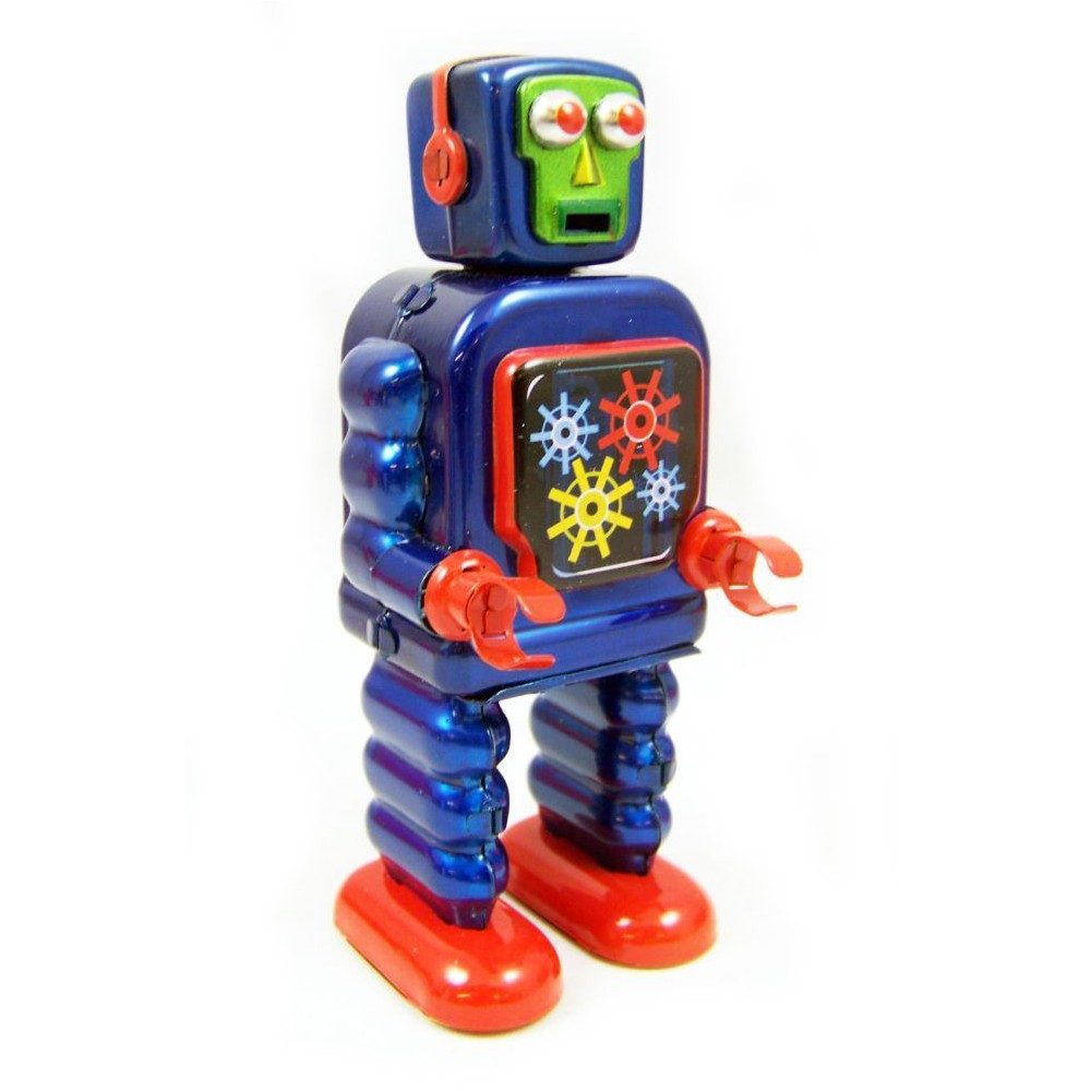 GEARING ROBOT 5" Saint St John Wind Up Blue Tin Toy Collectible Retro Space Age 