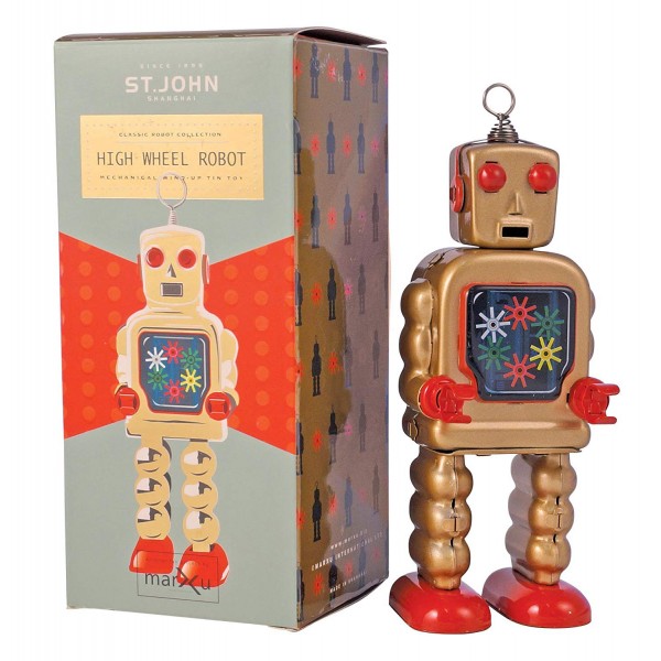 Saint John - High Wheel Robot - Collectible Retro Wind Up Tin Toy - Gold /  Bronze - Tin Toys - Avvenice