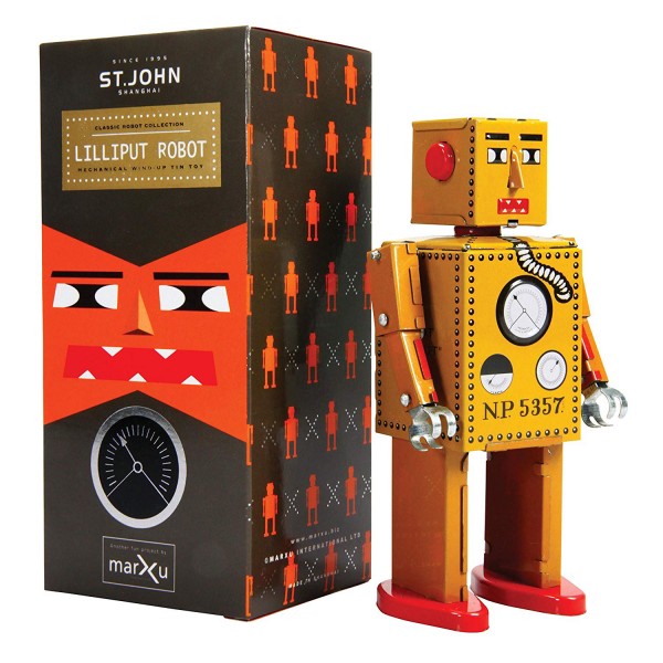 Saint John - Lilliput Robot - Collectible Retro Wind Up Tin Toy - Yellow - Tin Toys