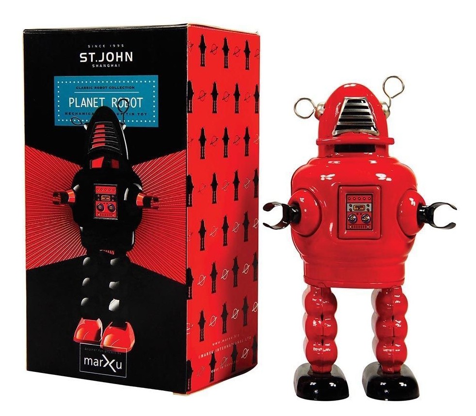 John Wind Up Red Tin Toy Collectible Retro Space Age PLANET ROBOT 5.5" Saint St 