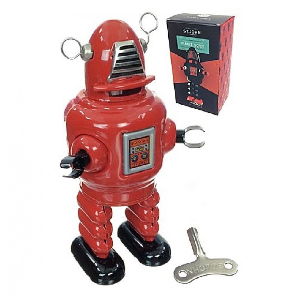 PLANET ROBOT 5.5" Saint St John Wind Up Red Tin Toy Collectible Retro Space Age 