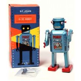 Saint John - R-35 Robot - Collectible Retro Wind Up Tin Toy - Metallic Blue- Tin Toys