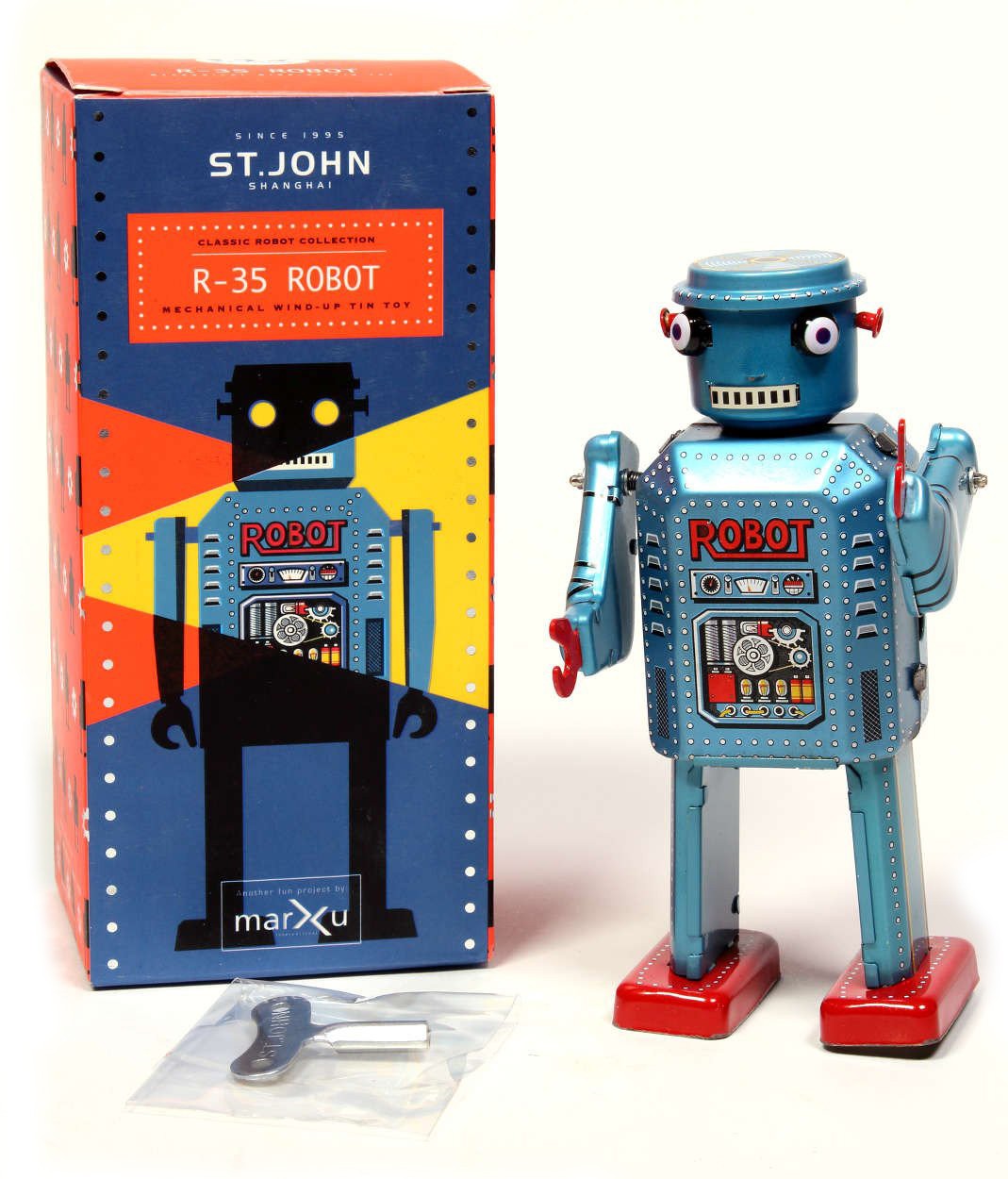 Saint John - R-35 Robot - Giocattolo di Latta Retro da Collezione Meccanico  a Carica - Azzurro Metallizzato - Tin Toys - Avvenice