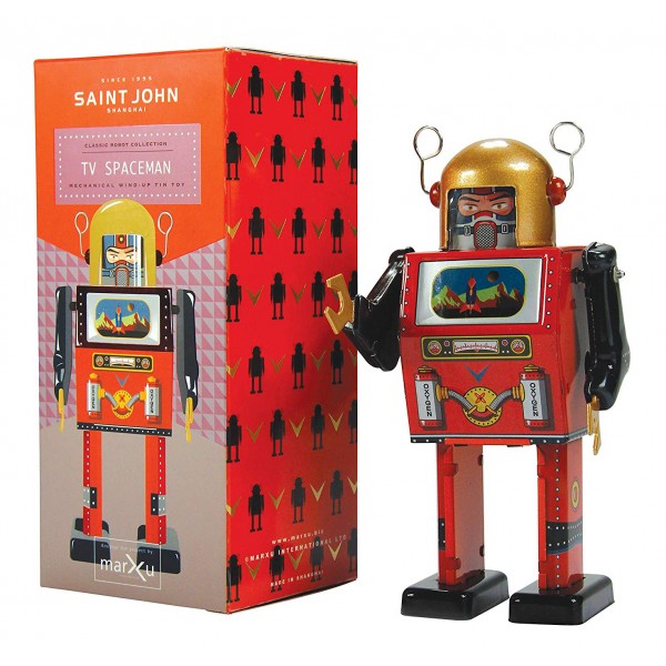 Saint John - TV Spaceman - Giocattolo di Latta Retro da Collezione Meccanico  a Carica - Rosso e Nero - Tin Toys - Avvenice