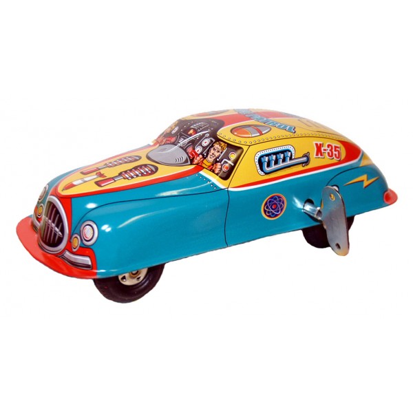 TIN TOY RACE CAR Collectible Classic Wind Up Yellow Racer w Rider Vintage Style 