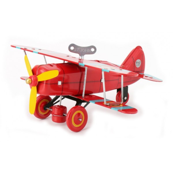 Saint John - Biplane Fighter - Collectible Retro Wind Up Tin Toy - Red - Tin  Toys - Avvenice