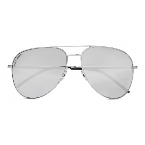 Yves Saint Laurent - Classic SL 11 Folk Aviator Sunglasses with Double Metal Bridge - Oxidized Silver - Saint Laurent Eyewear