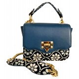 Kristina MC - Mini Bag - Clutch Bag with Chain - Nappa Leather Double Floreal Jaquard Fabric - Blue - High Quality Leather