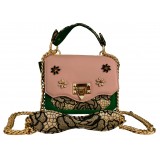 Kristina MC - Mini Bag - Clutch Bag with Chain - Nappa Leather Double Floreal Jaquard Fabric - Swarovski - Pink Forest Green