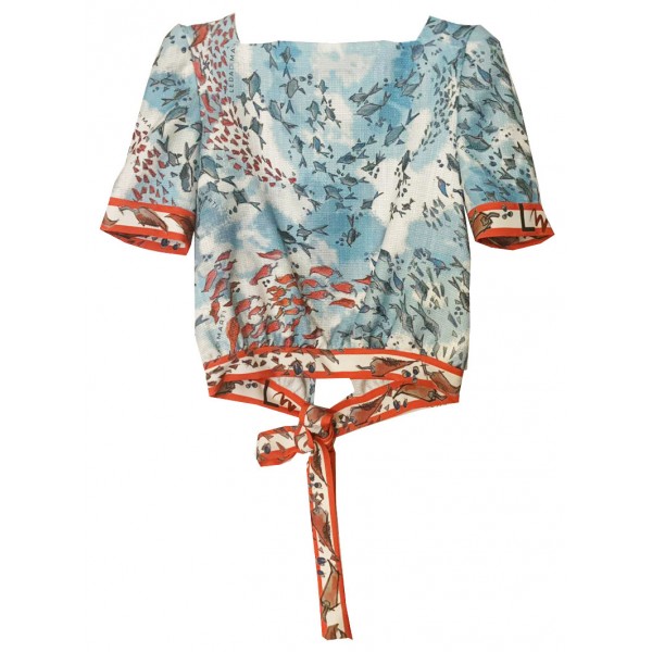 Leda Di Marti - Krill Top - Stampa Oceano con Decorazioni Rosse - Haute Couture Made in Italy - Abito di Alta Qualità Luxury