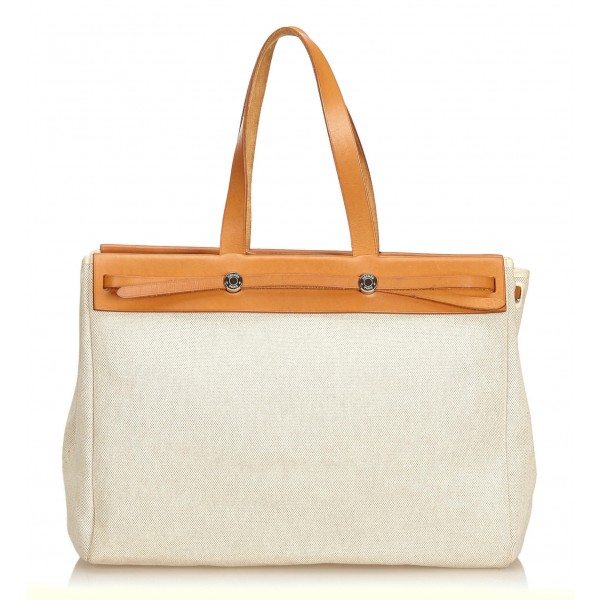 Hermès Vintage - Herbag Cabas MM Bag - Ivory Brown White - Leather and Canvas Handbag - Luxury High Quality