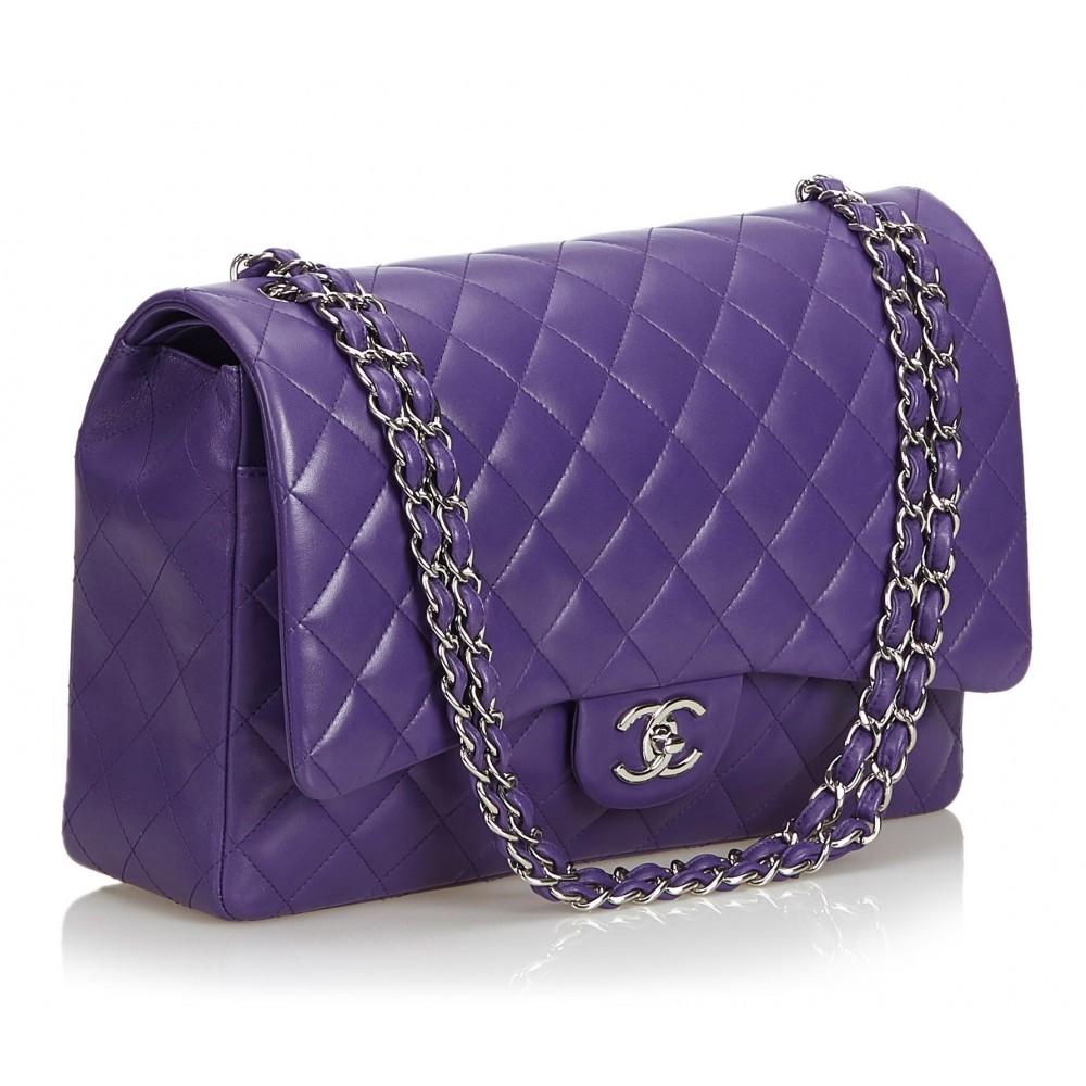 Chanel Vintage - Classic Maxi Lambskin Leather Double Flap Bag - Purple - Leather and Lambskin ...