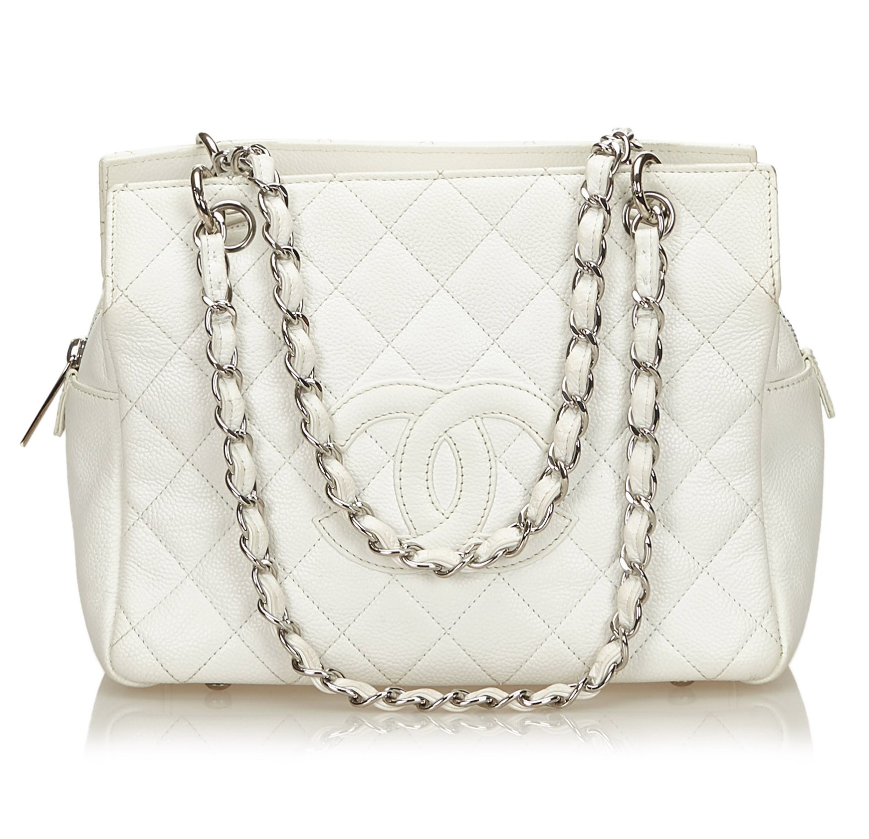 Chanel Shopping Tote, White Chevron with Gold Hardware, Preowned in Dustbag  WA001
